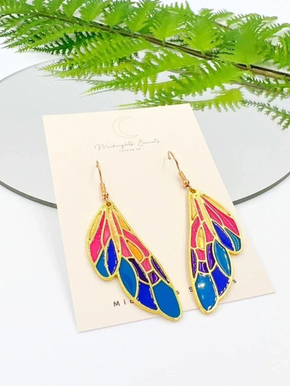 Colorful Butterfly Wing Earrings Gold Tone Stained Glass Enamel Dangle